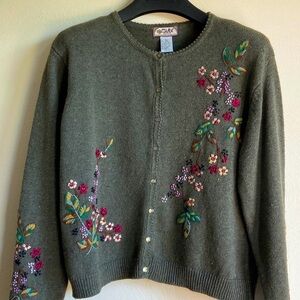 Vintage Tiara Green/Gray Floral Embroidered Cotton/Ramie Cardigan PL